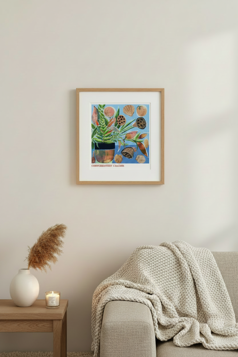 A framed botanical art print featuring colorful flowers and leaves on a blue background, hung on a light beige wall above a sofa with a knit throw blanket and a small side table with a vase and candle.
