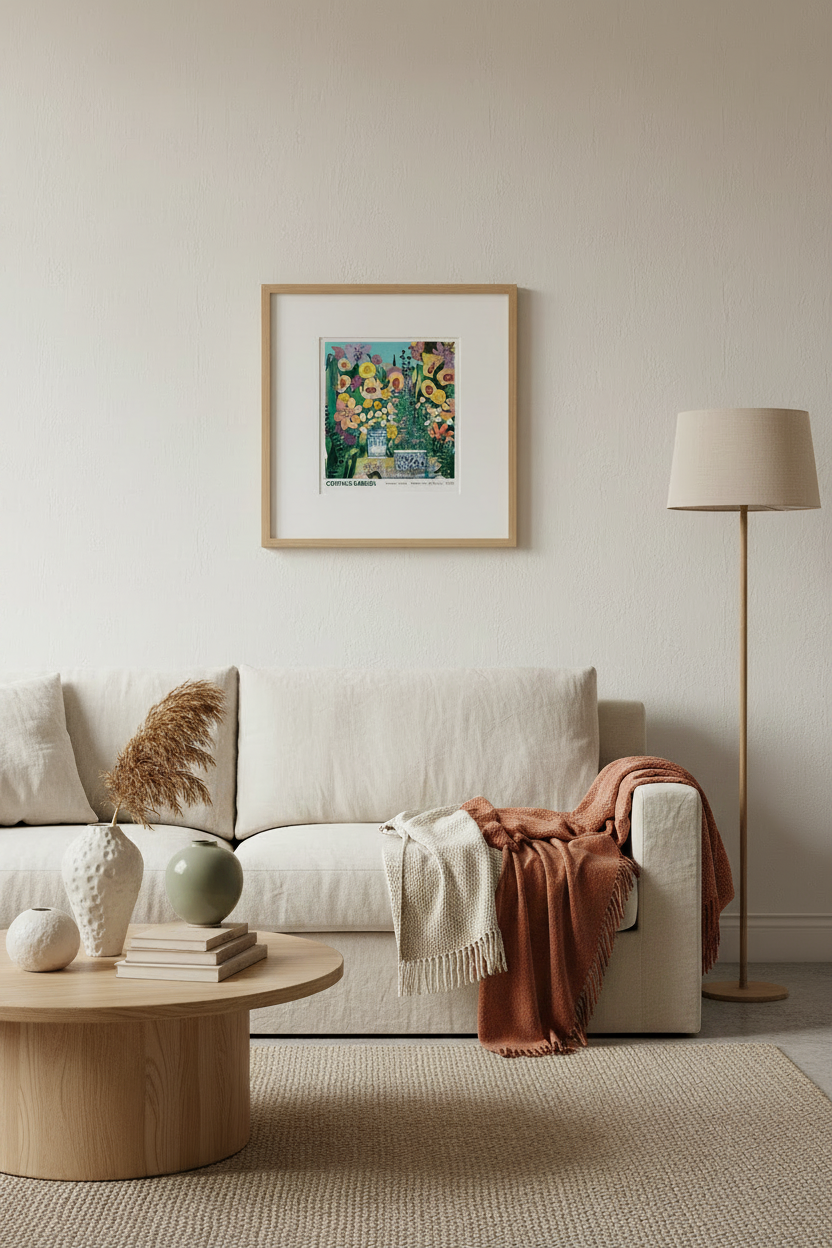 A framed colourful floral art print with a light wood frame and white mat, hanging on a beige wall above a cream-colored sofa in a modern, minimalist living room.