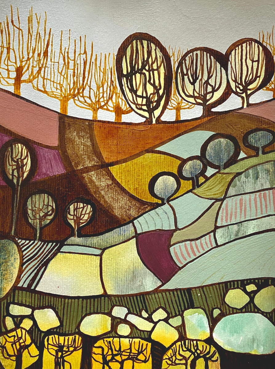 A stylized landscape painting featuring abstract hills, trees, and stones in earthy tones of brown, yellow, green, pink, and cream.