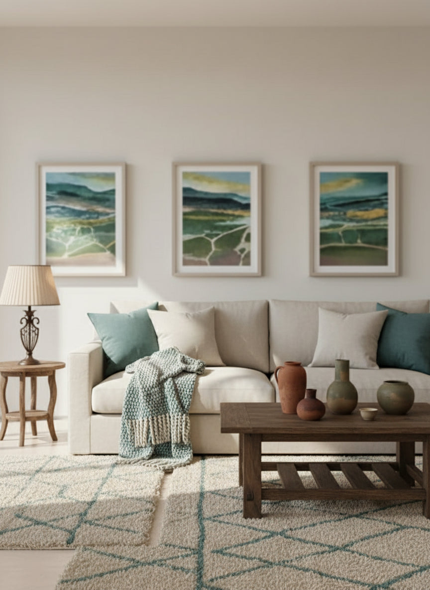 Three framed abstract artworks on a wall