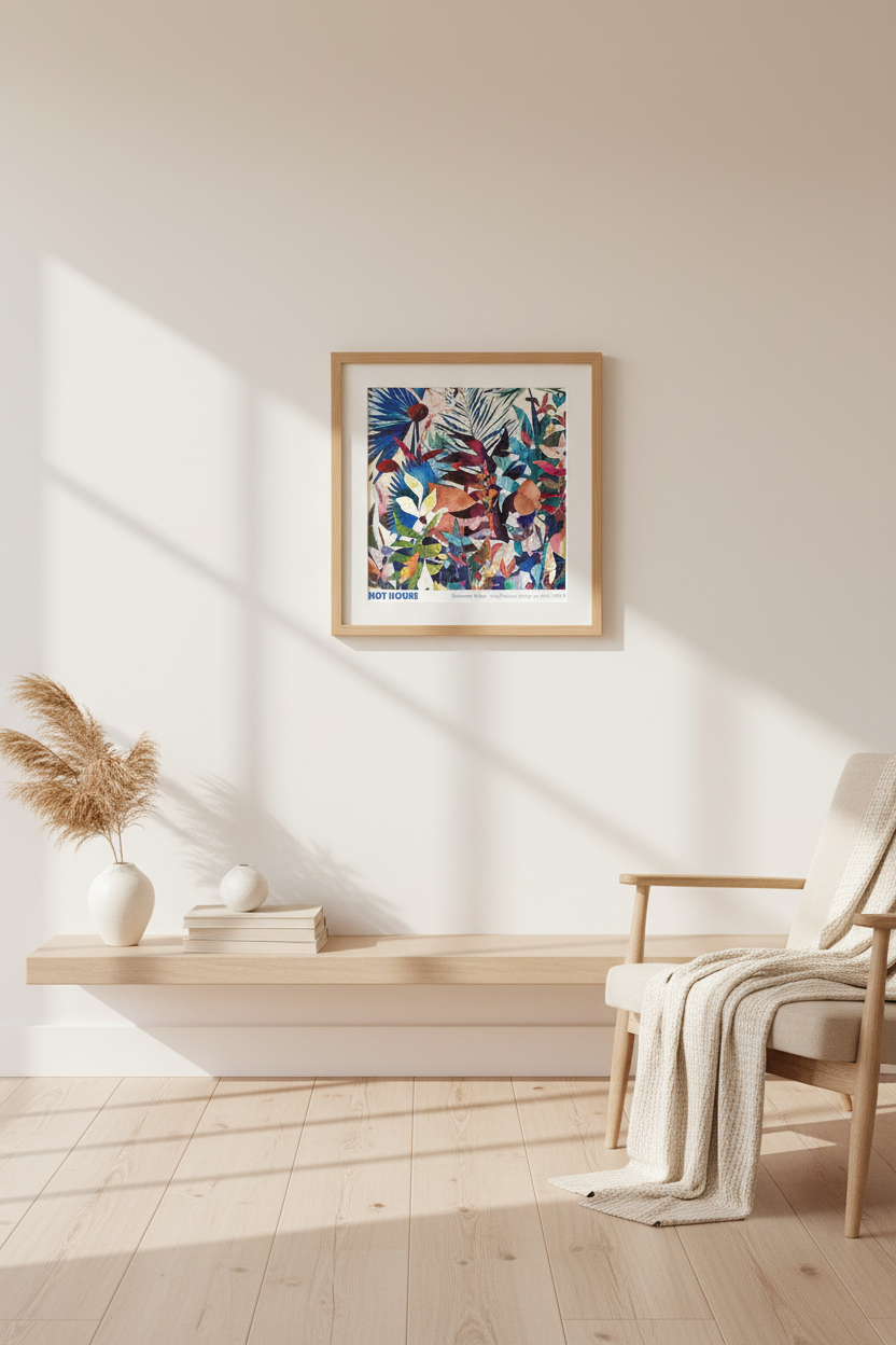 A framed tropical botanical art print hangs on a warm beige wall in a modern, sunlit room with a wooden bench, pampas grass, and a light wood armchair with a cream throw blanket.