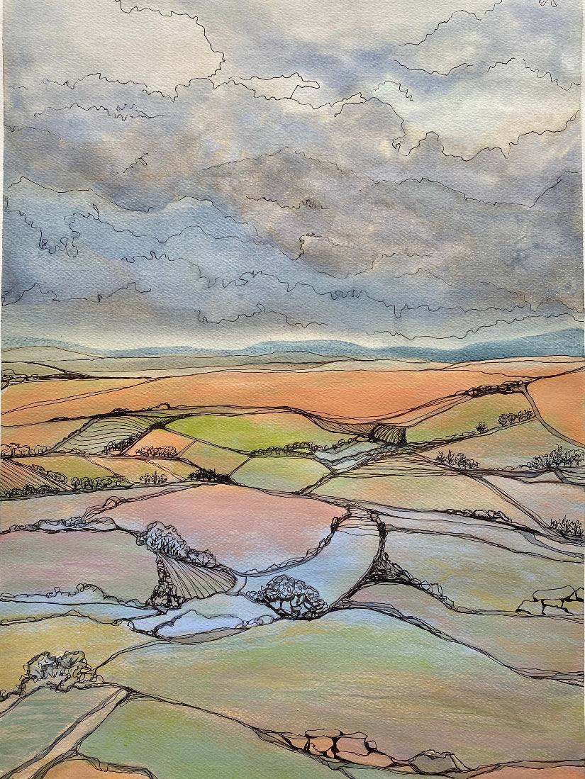 Artistic depiction of a landscape with rolling hills and a cloudy sky.