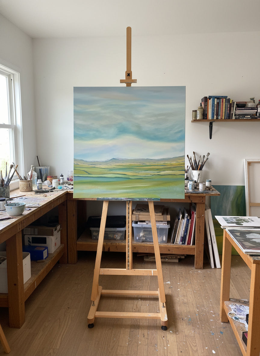 Painting of a landscape on an easel with a photo reference in the corner.
