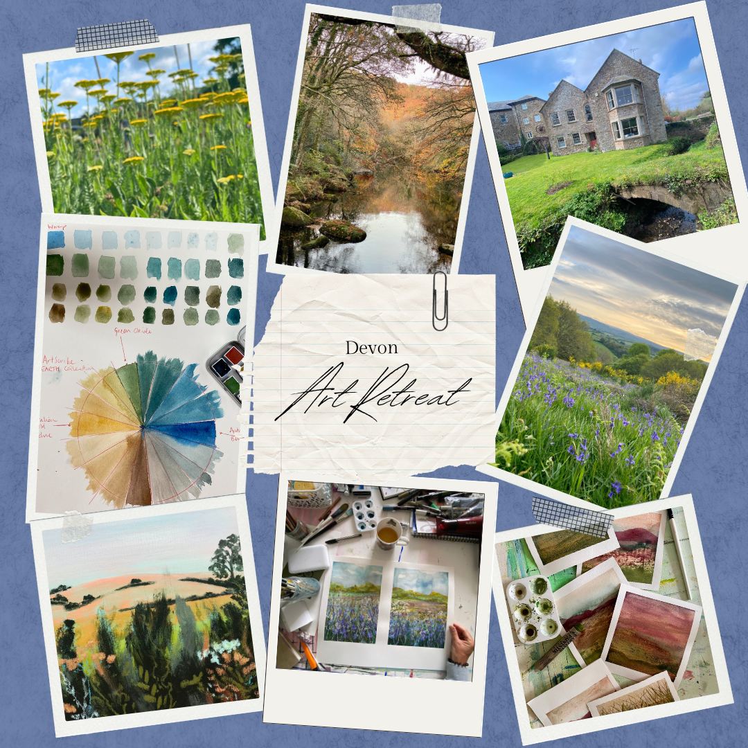 Collage of scenic images and color swatches and paintings with 'Devon Art Retreat' text on a blue background.