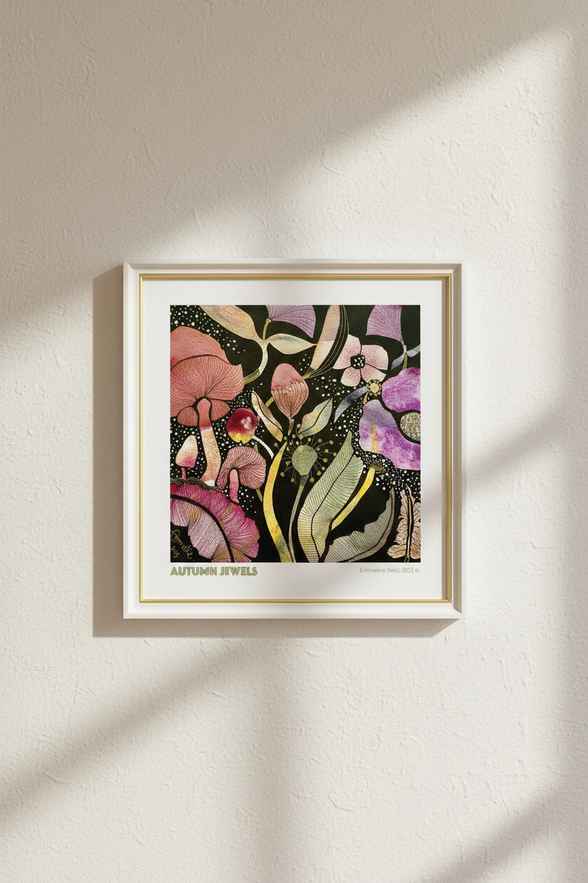 A framed art print featuring a colorful floral and mushroom illustration with the text 'AUTUMN JEWELS' and '© 2024 LILY & LEO' at the bottom, displayed on a textured off-white wall with soft diagonal shadows.