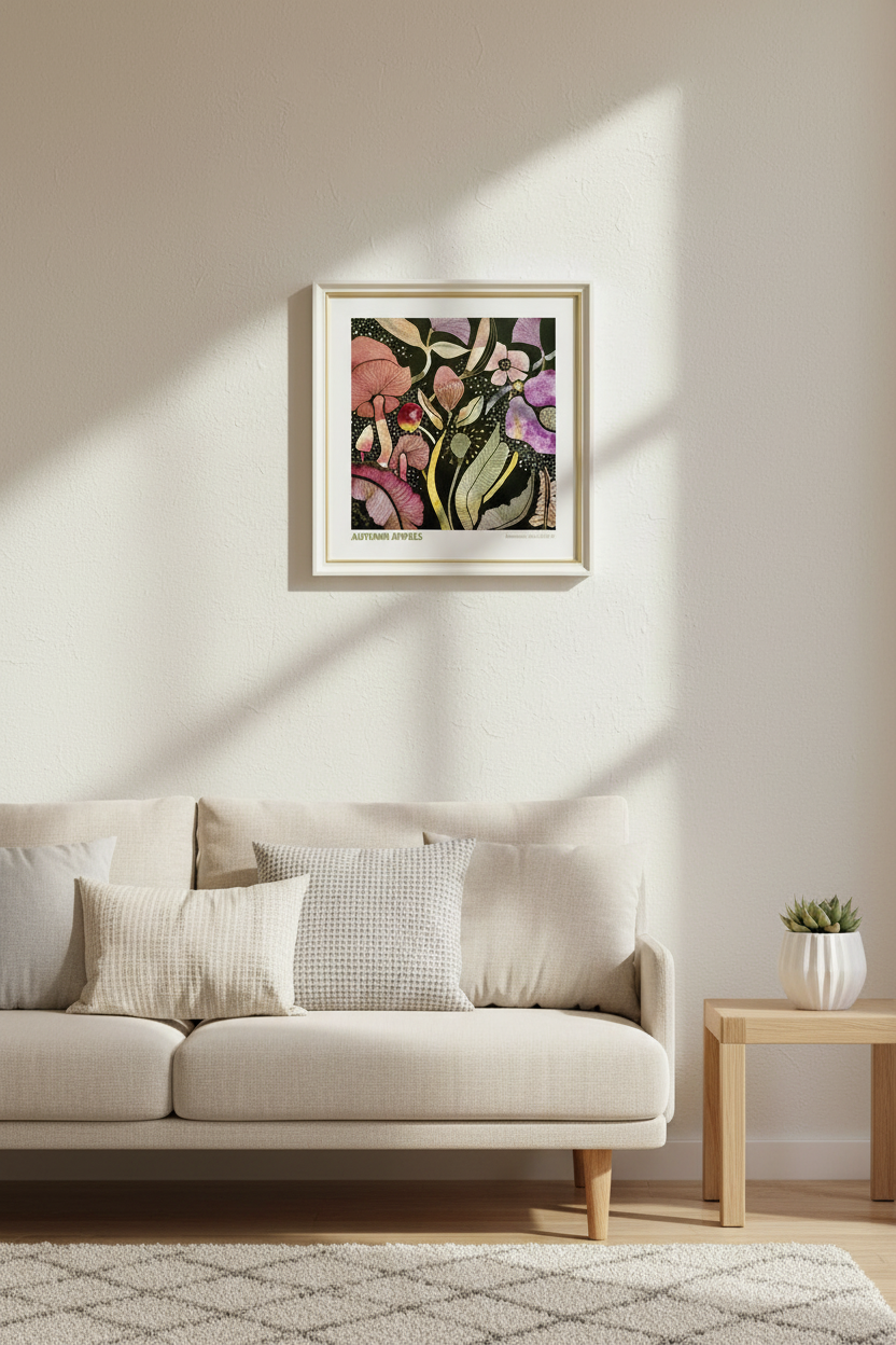 A framed abstract floral art print hangs on a beige wall above a light-colored sofa in a modern living room setting with soft window shadows.