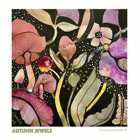A square art print or album cover titled 'AUTUMN JEWELS' featuring an illustrated floral and botanical pattern in pink, purple, gold, and cream tones on a black background. The text 'Emmeline Webb 2023' appears at the bottom right, and the title 'AUTUMN JEWELS' at the bottom left.
