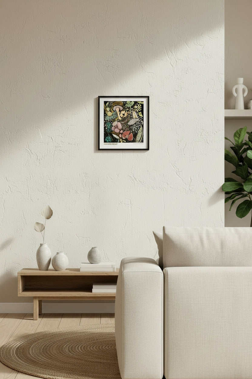 A square art print titled 'AUTUMN MAGIC' by Emmeline Webb, featuring a dense, whimsical illustration of autumn plants, mushrooms, flowers, and leaves in soft pink, teal, gold, and cream tones on a black background, with the title and artist name printed at the bottom.