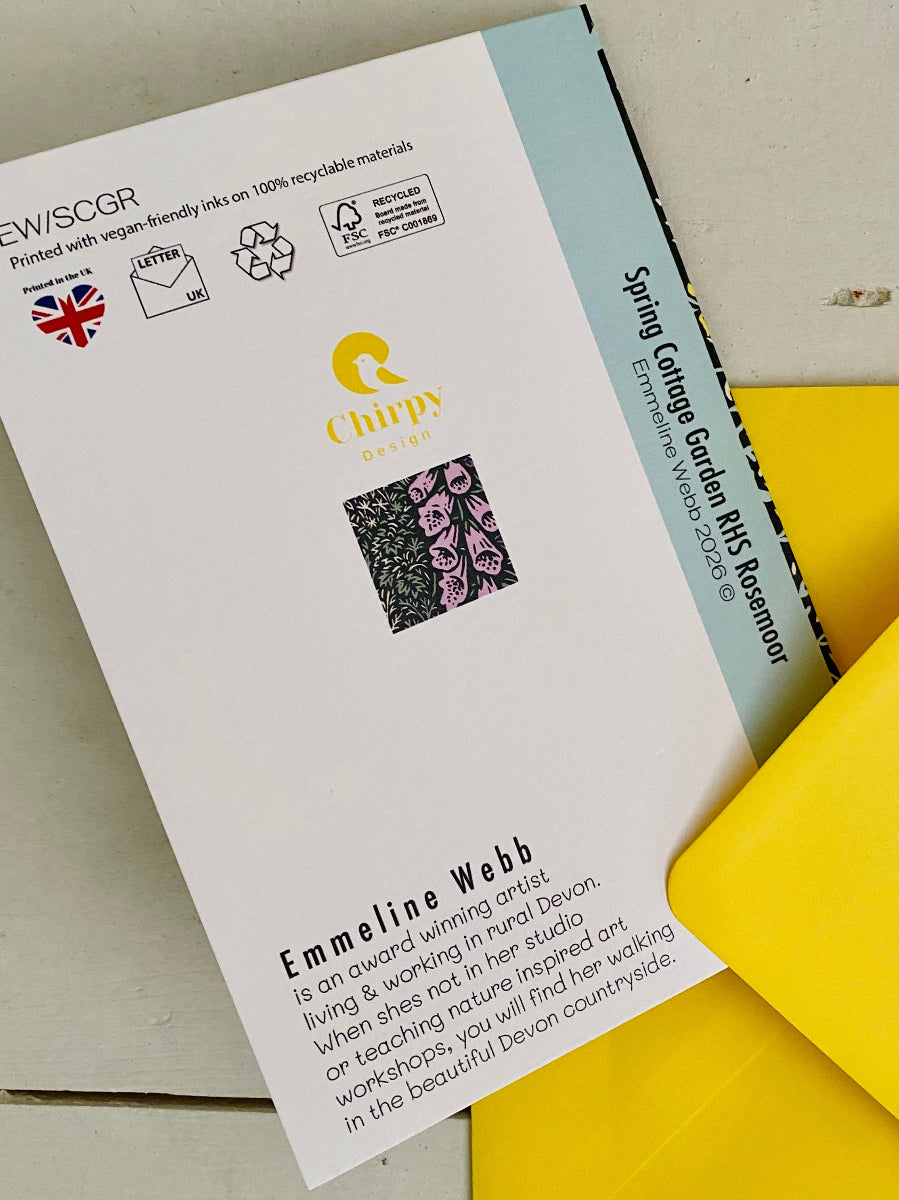A printed art print card for 'Spring Cottage Garden Aph' by Emmeline Webb, featuring a small floral pattern swatch, alongside a yellow envelope on a light surface.