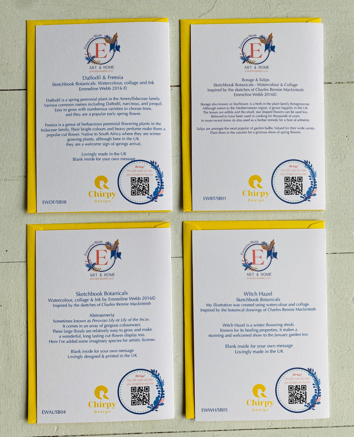 Four printed cards arranged in a 2x2 grid on a light wall. Each card has a yellow border, a circular floral logo at the top, a body of text about a scent, and a QR code near the bottom.