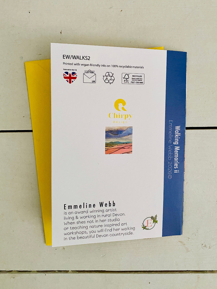 A printed art card or booklet cover for 'EW/WALK5' by Chupa Studio, featuring a white front with blue side panel, yellow backing, and a small landscape photo, photographed on a light wood surface.