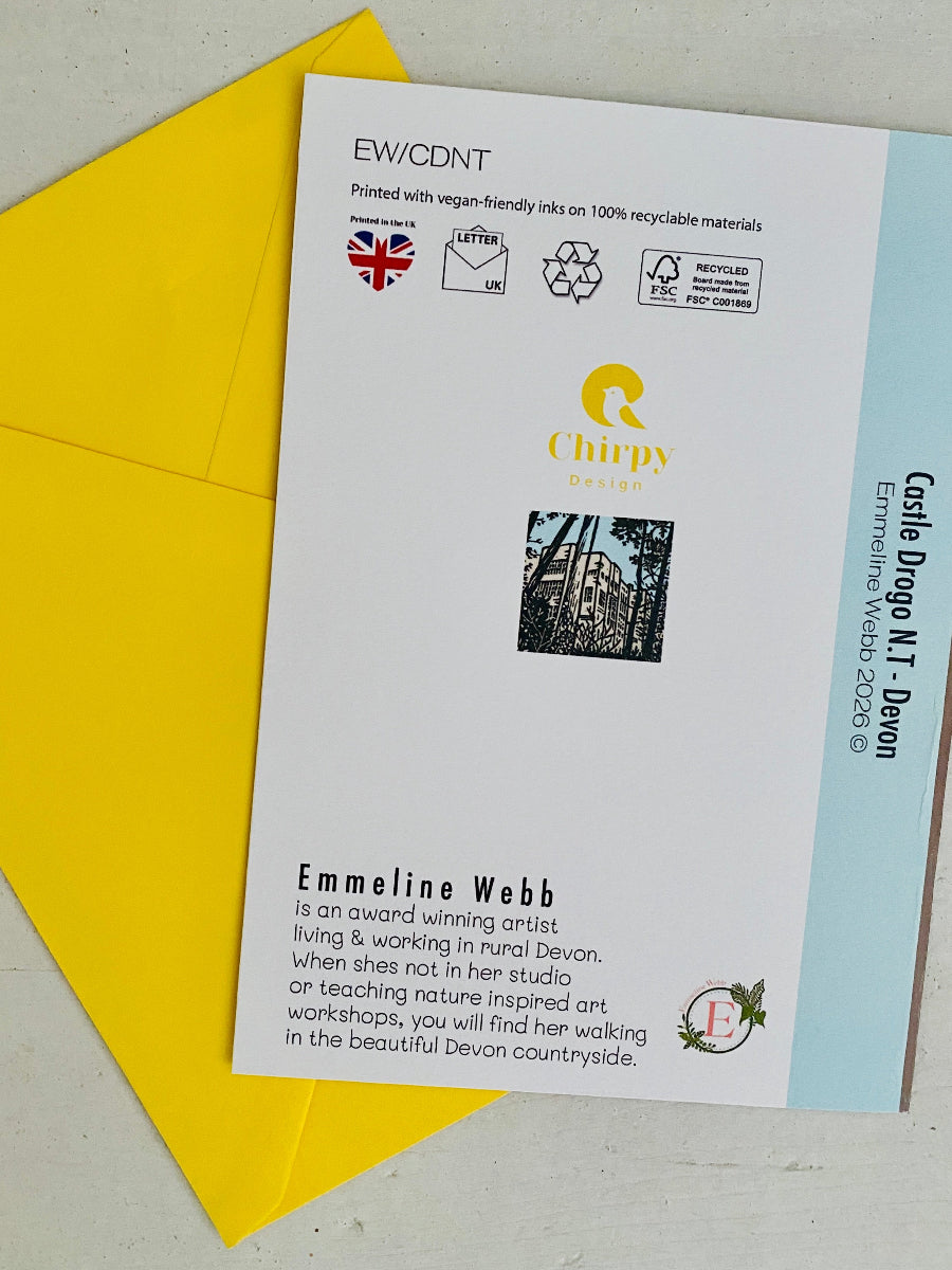 A printed card or invitation sheet from Chirpy Design with text about Emmeline Webb, placed on top of a bright yellow envelope on a light surface.