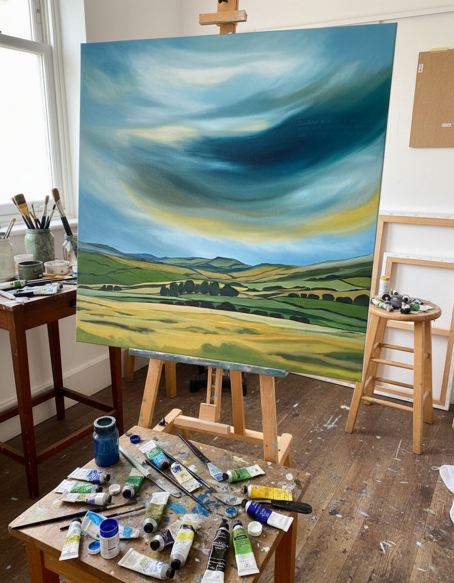 Painting of a landscape with rolling hills and a dynamic sky on an easel.