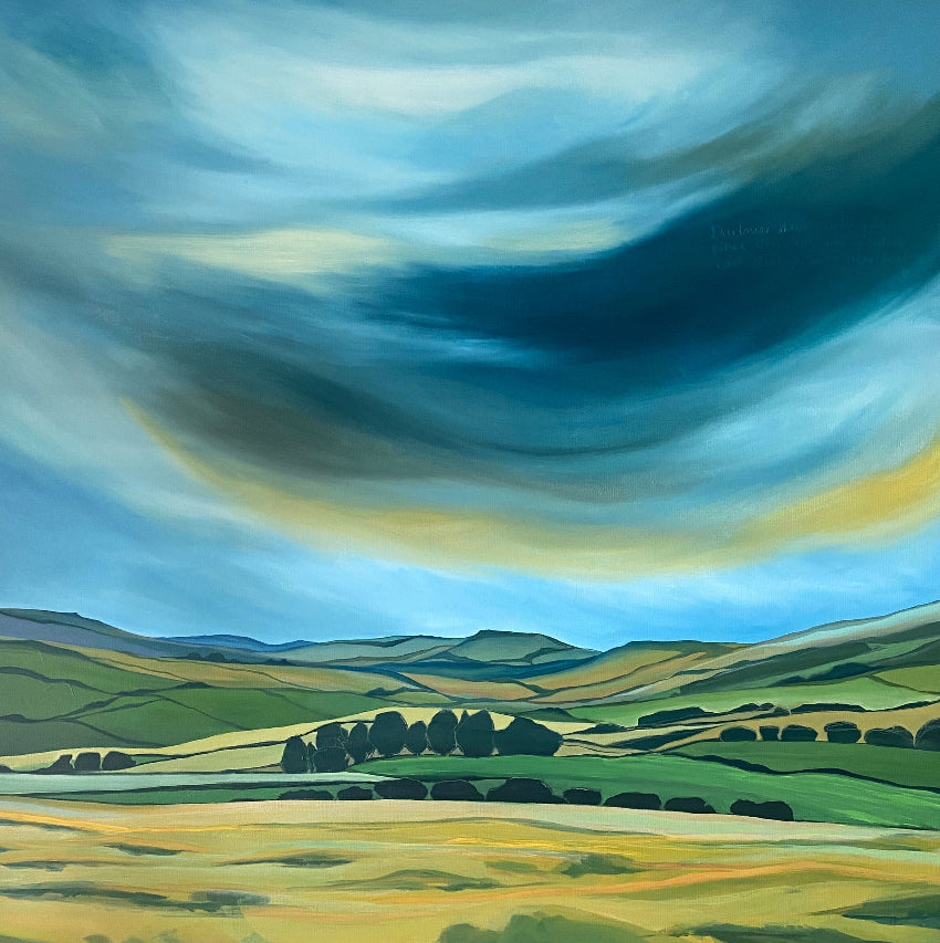 Painting of a landscape with rolling hills and a dynamic sky.