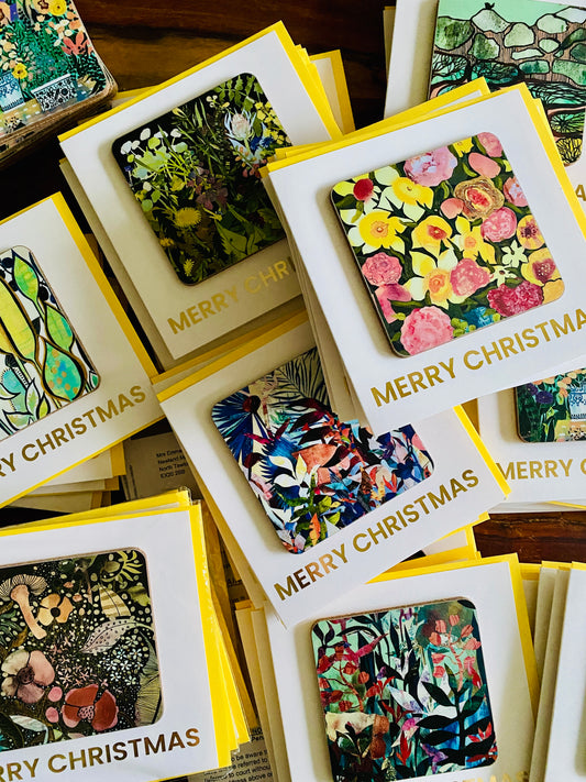 Christmas Coaster Cards 4 x Different Designs Gifting Pack