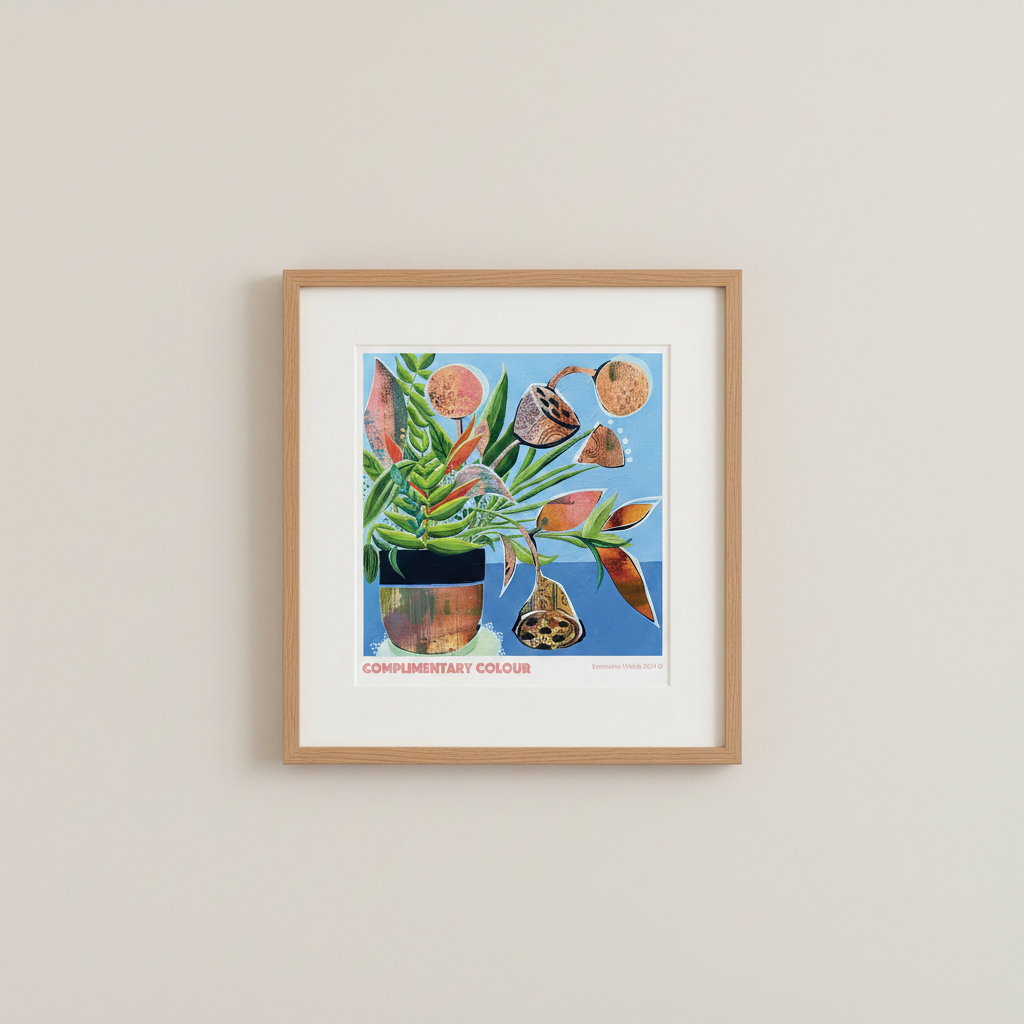 A framed art print featuring a botanical illustration with the text 'COMPLIMENTARY COLOUR' at the bottom, hung on a neutral beige wall.