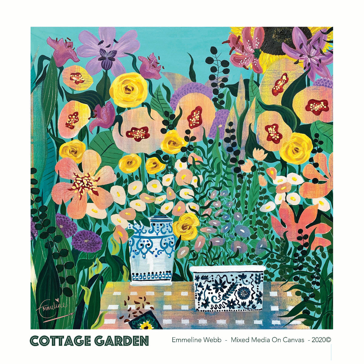 A colourful mixed-media painting titled 'Cottage Garden' by Emmeline Webb, featuring a dense arrangement of flowers, green foliage, and two blue-and-white patterned ceramic pots on a table. The artwork is presented with a white border and text at the bottom.