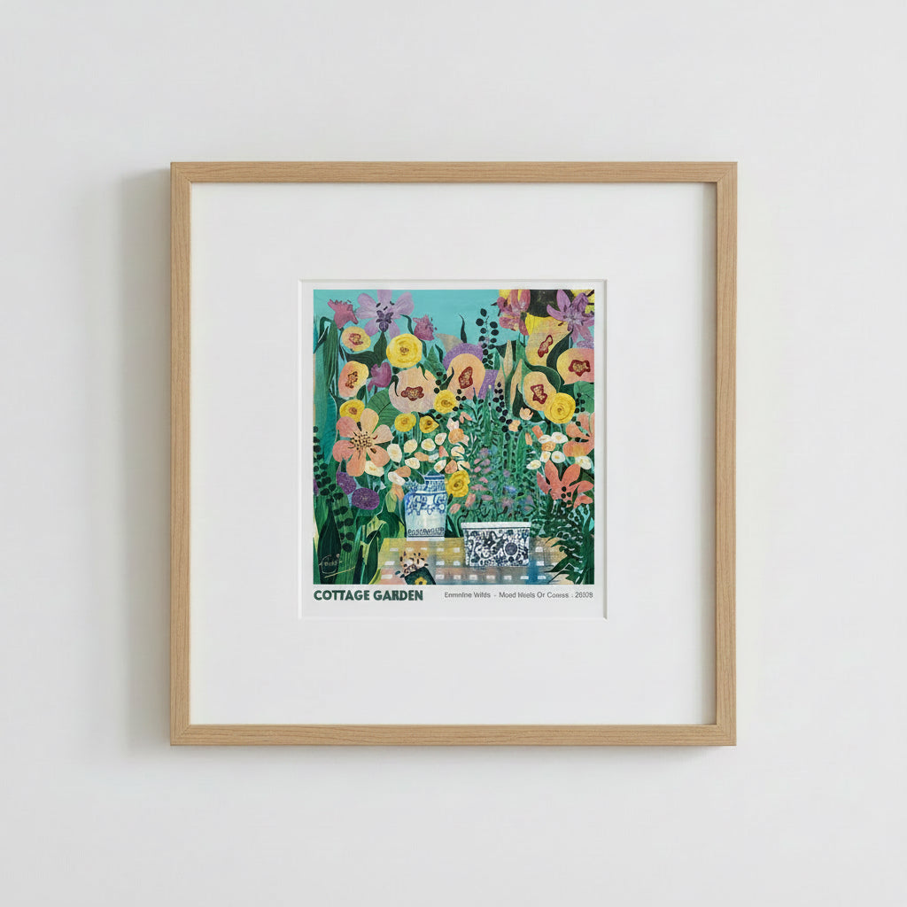 A colourful print of a mixed-media painting titled 'Cottage Garden' by Emmeline Webb, featuring a dense arrangement of flowers, green foliage, and two blue-and-white patterned ceramic pots on a table. The artwork is presented with a white border and text at the bottom.