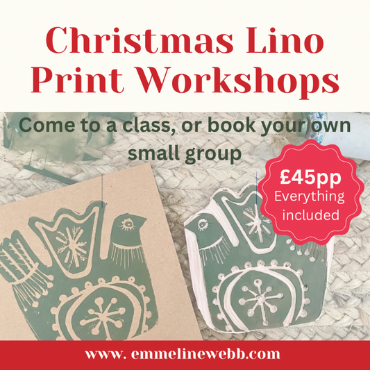 Advertisement for Christmas Lino Print Workshops with printed designs and pricing information.