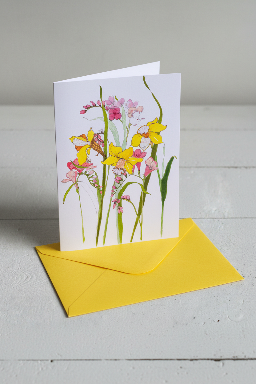 A white greeting card featuring a watercolor illustration of yellow and pink orchids, displayed upright on a yellow envelope against a light gray background.