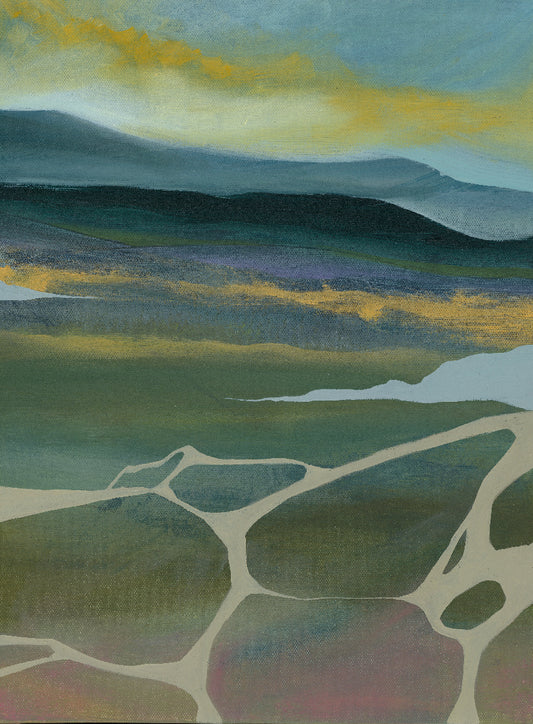 Abstract landscape painting with green, yellow, and blue hues
