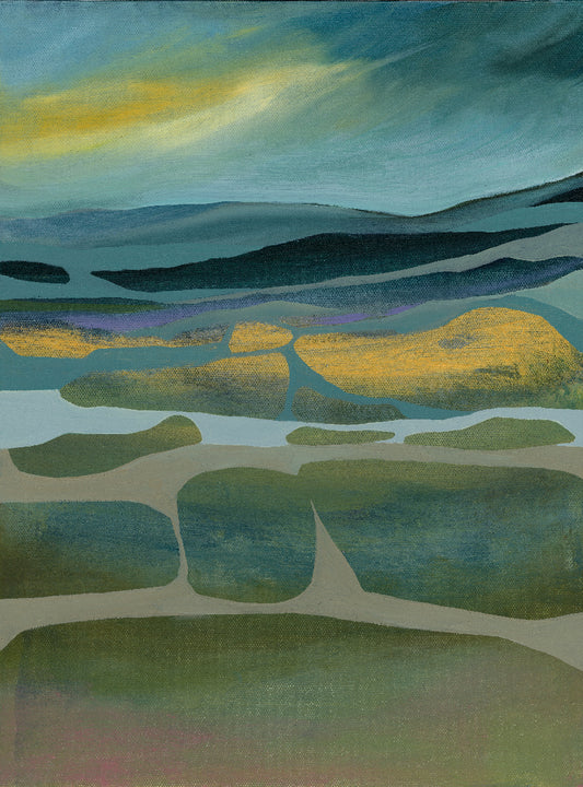 Abstract landscape painting with green, blue, and yellow hues