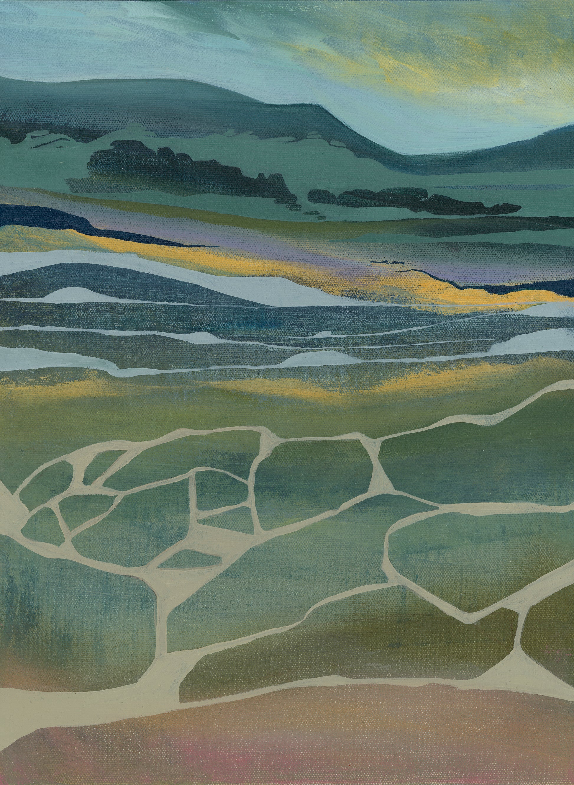 Abstract landscape painting with geometric shapes and earthy tones