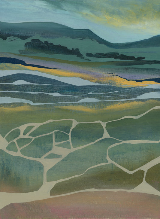 Abstract landscape painting with geometric shapes and earthy tones