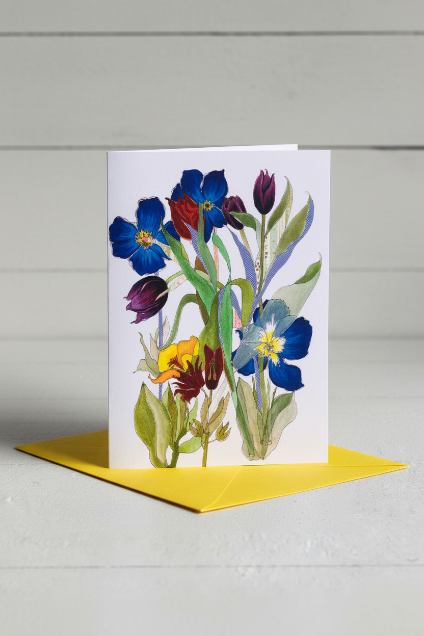 A vertical white greeting card featuring a botanical illustration of blue, purple, yellow, and red flowers with green leaves, standing upright on a bright yellow envelope against a light gray wood plank background.