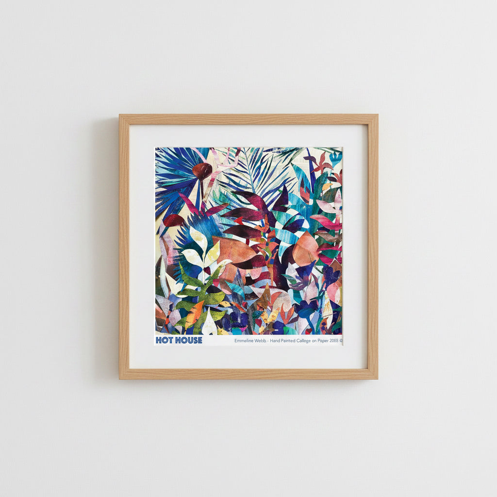 A square abstract collage artwork with layered tropical leaf and floral shapes in many bright colors on a white border. Text at the bottom reads “HOT HOUSE” and “Emmeline Webb - Hand Painted Collage on Paper 2020 ©”.