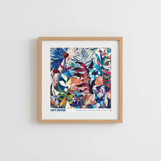 A square abstract collage artwork with layered tropical leaf and floral shapes in many bright colors on a white border. Text at the bottom reads “HOT HOUSE” and “Emmeline Webb - Hand Painted Collage on Paper 2020 ©”.