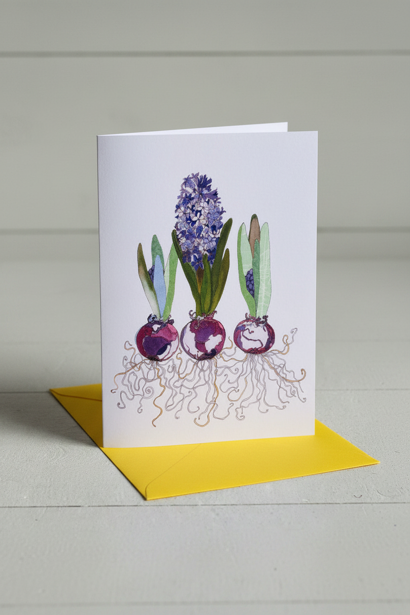 A white greeting card with a watercolor illustration of three hyacinth flowers and their roots, standing upright on a bright yellow envelope against a light gray background.