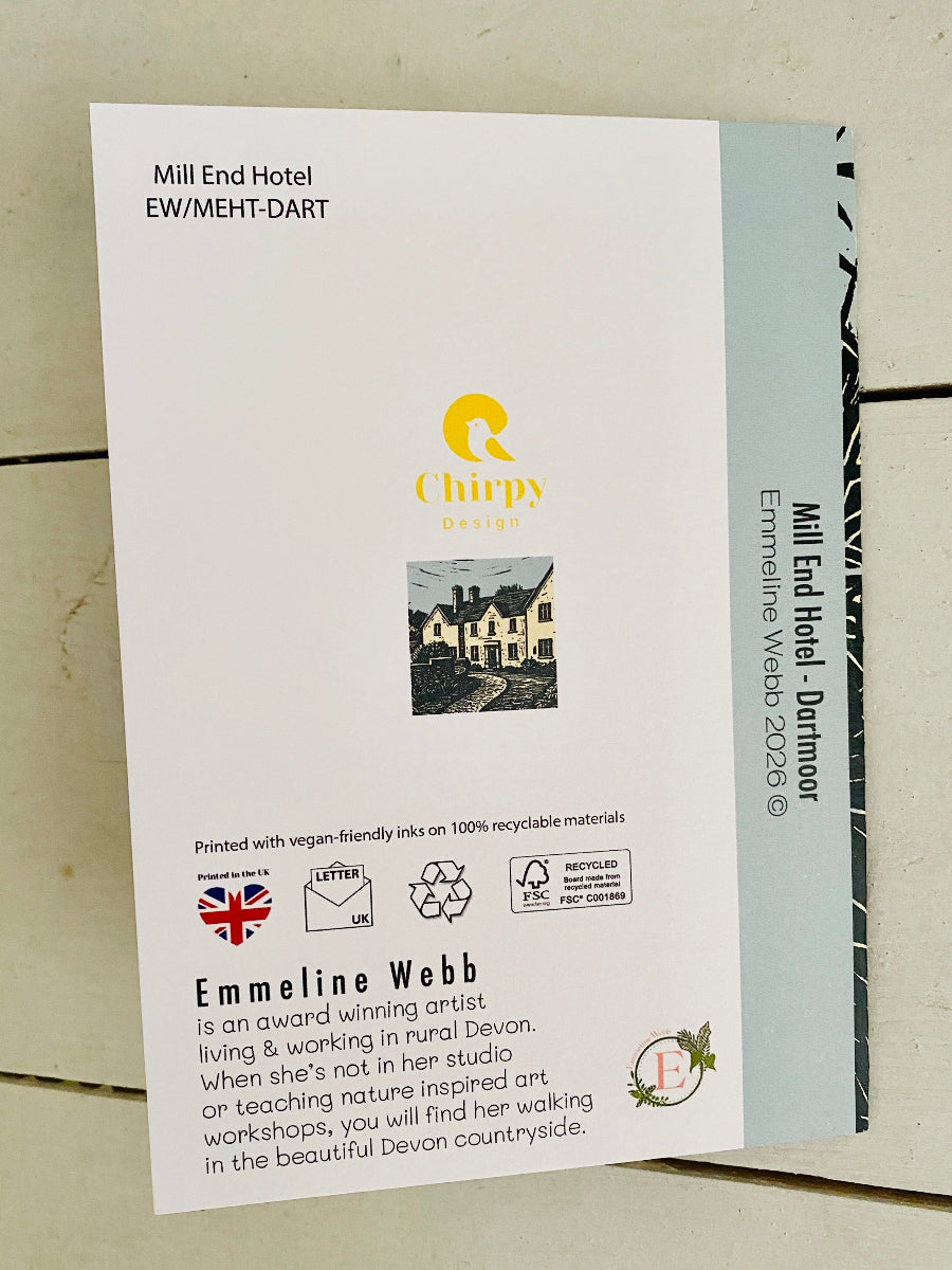 A printed card or booklet cover for 'Mill End Hotel - Darmoor' by Chipy Design, featuring text, a small photo of a house, and branding on a light surface.