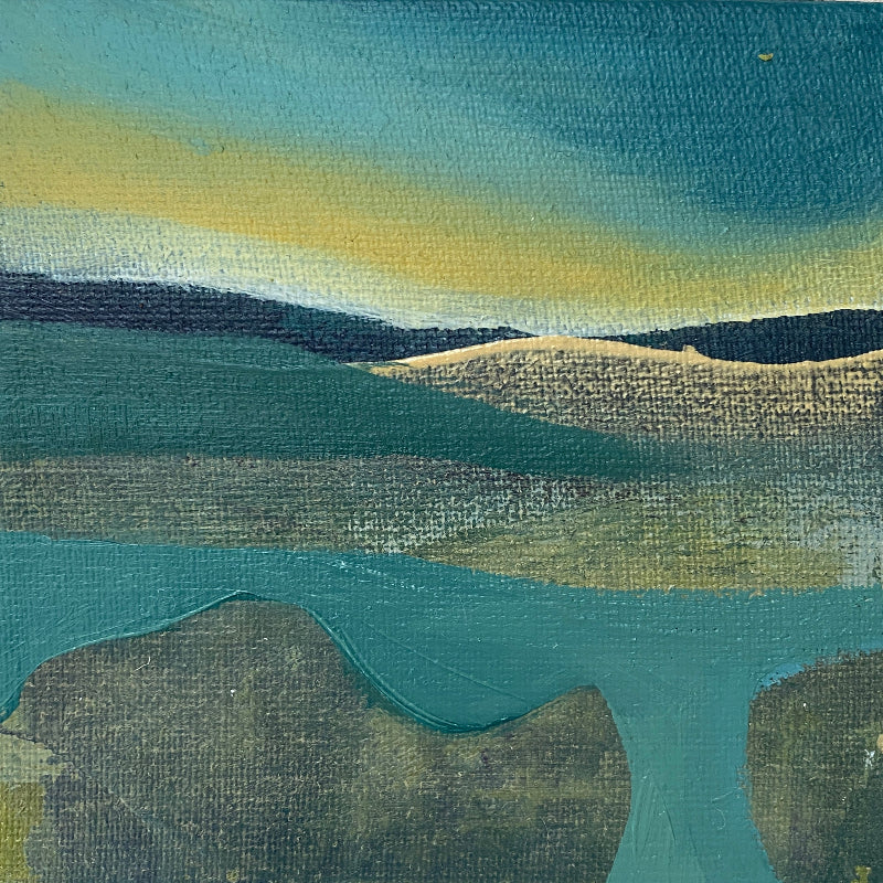 Abstract landscape painting with blue, green, and yellow hues