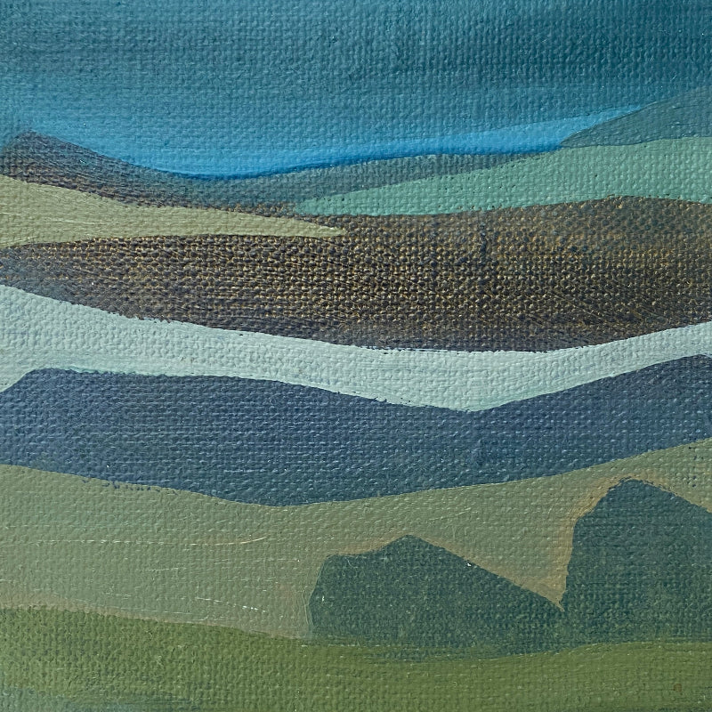 Textured canvas with wavy blue and green pattern in an abstract painting of landscape