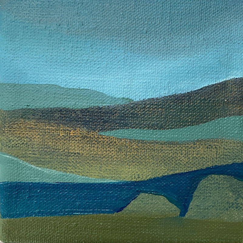 Textured abstract landscape painting with hills and a sky in blues and greens and earthy tones