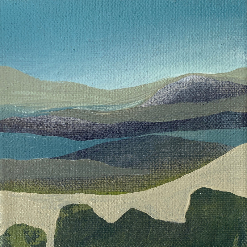 Abstract landscape painting with wavy patterns in blue, green, and gray.