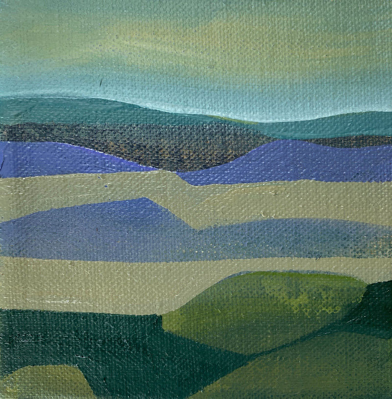 Abstract landscape painting with green, blue, and purple hues