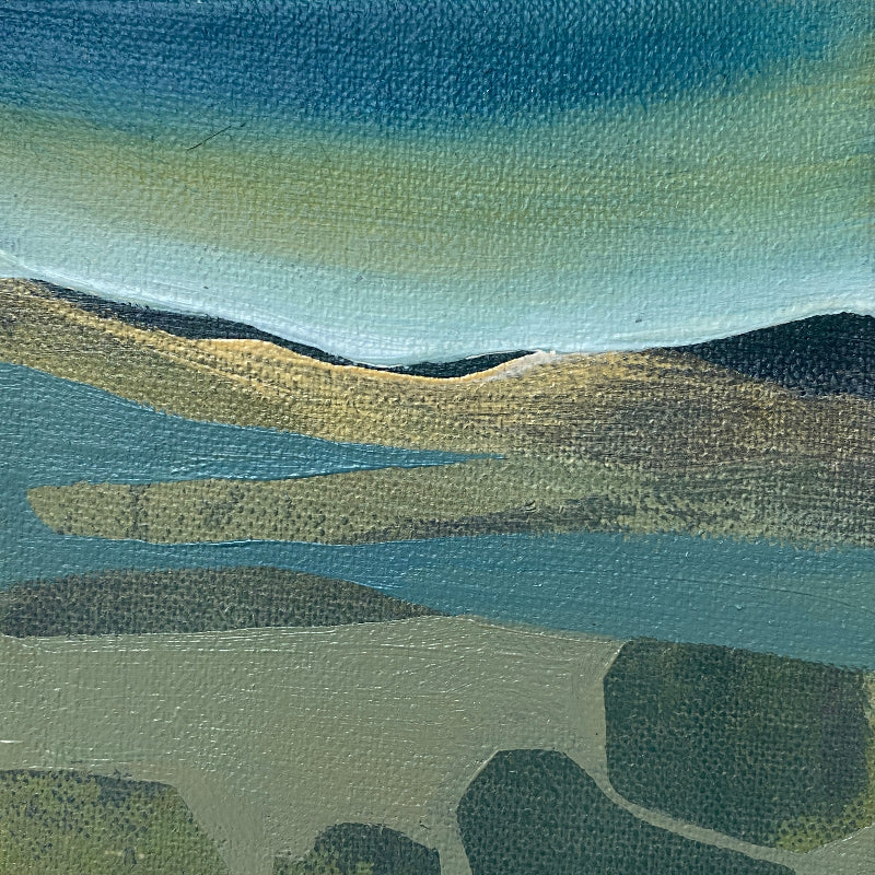 Textured abstract landscape with green, gold and blue hues
