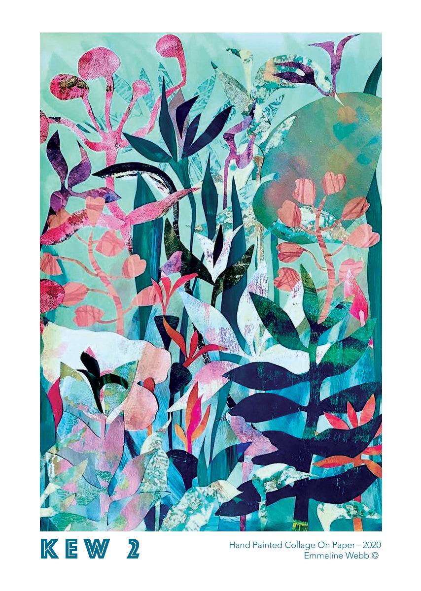 An abstract botanical collage artwork titled 'KEW 2' by Emmeline Webb, featuring layered paper textures in shades of teal, pink, purple, and navy, with text at the bottom.
