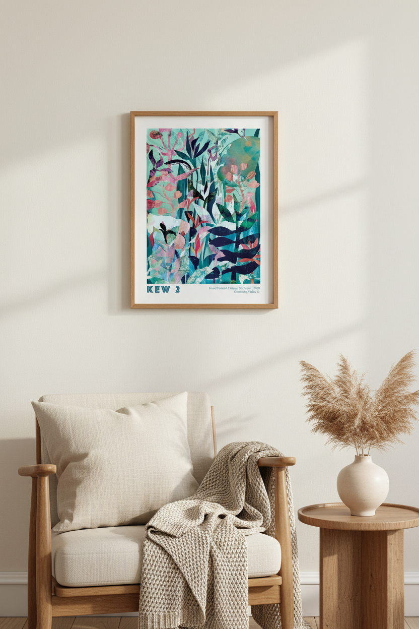 A framed botanical art print with colorful tropical leaves in shades of teal, pink, and purple, hanging on a light beige wall above a wooden armchair with a cream throw blanket and a side table with dried pampas grass.