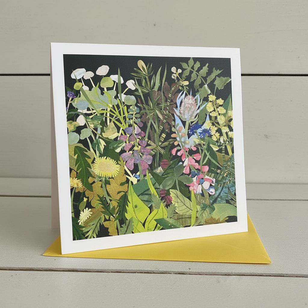 A square art print or greeting card with a white border, featuring a colorful botanical illustration of wildflowers and green leaves on a dark background, displayed upright on a yellow envelope against a light gray wood plank surface.