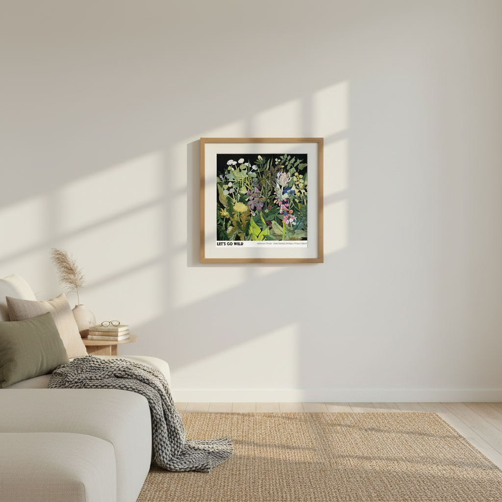 A framed botanical art print titled 'Wild Flower' hangs on a light gray wall in a modern living room setting with a beige sofa, textured throw blanket, and woven rug.