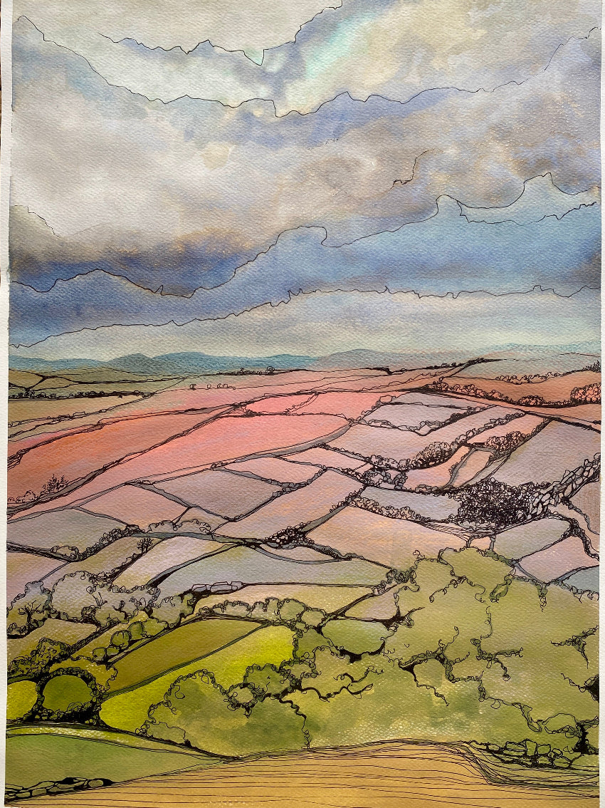 Artistic depiction of a landscape with fields and a cloudy sky