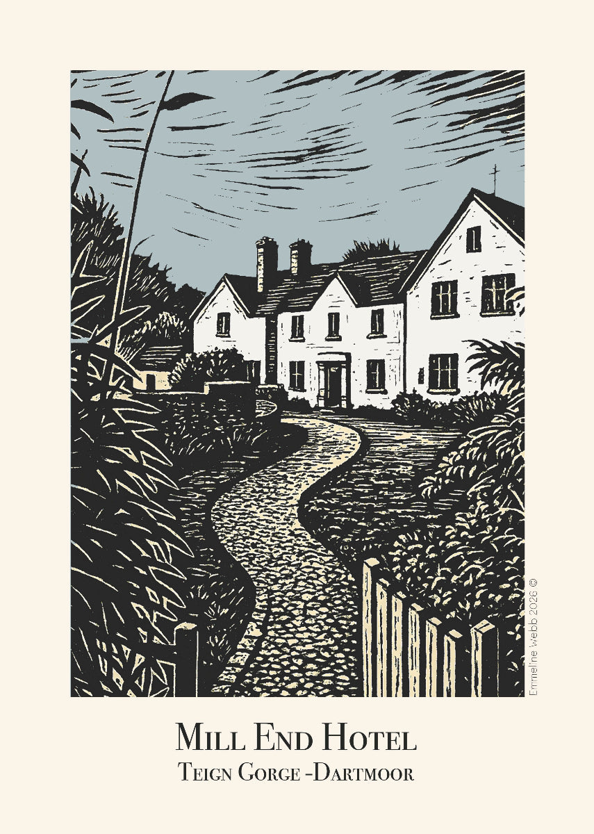 A minimalist travel poster print of Mill End Hotel in Teign Gorge, Dartmoor, featuring a black and white woodcut-style illustration of a cottage and winding path, with the text 'MILL END HOTEL' and 'TEIGN GORGE - DARTMOOR' on a cream background.