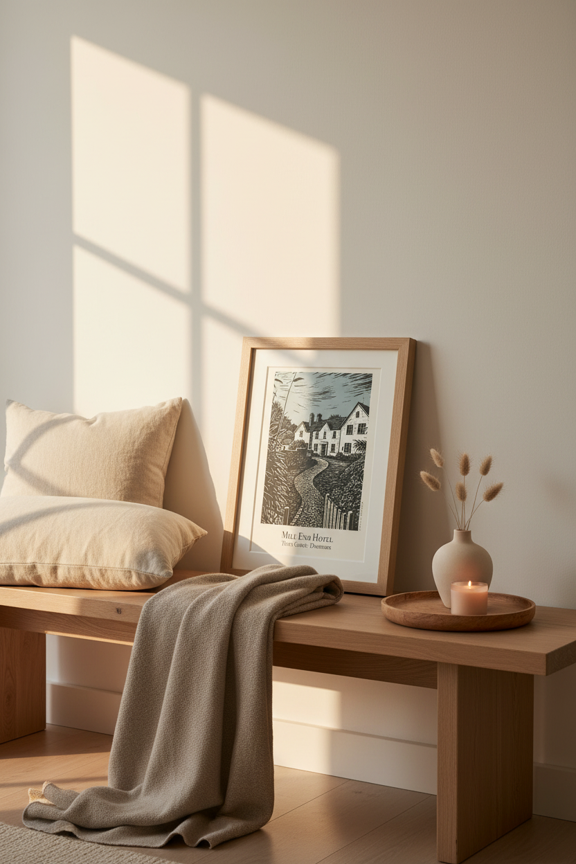 A framed black and white art print leaning against a beige wall on a wooden bench, styled with a draped throw blanket, pillows, and a small vase with dried stems and a candle in a softly lit room.