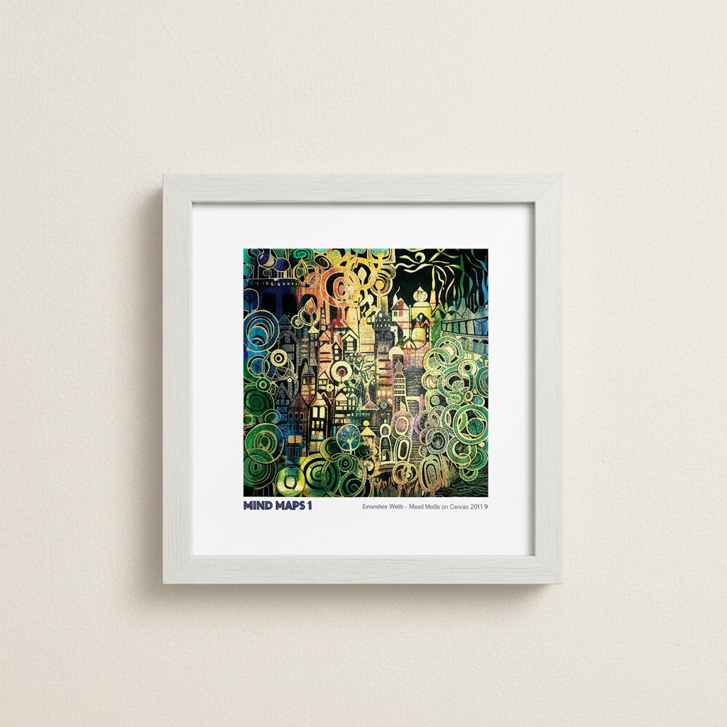 An abstract artwork titled 'MIND MAPS 1' by Emmeline Wobb, featuring a dense, stylized cityscape made of layered houses, trees, and swirling circular patterns in black, green, gold, blue, and yellow tones. The artwork is presented with a white border containing the title and artist text at the bottom.