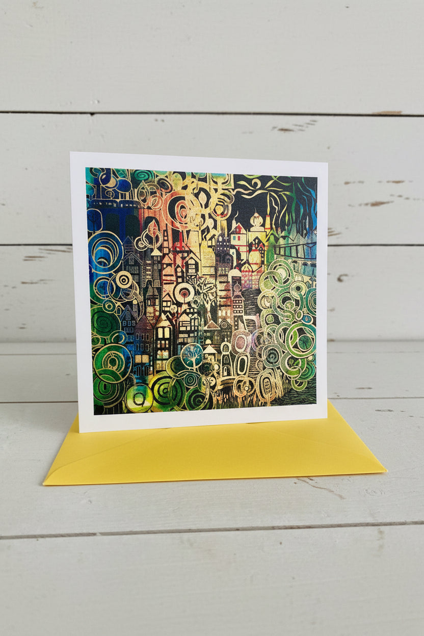A square art print card with a white border showing an abstract cityscape illustration in black, green, yellow, orange, and blue, placed in front of a bright yellow envelope on a light wood surface.