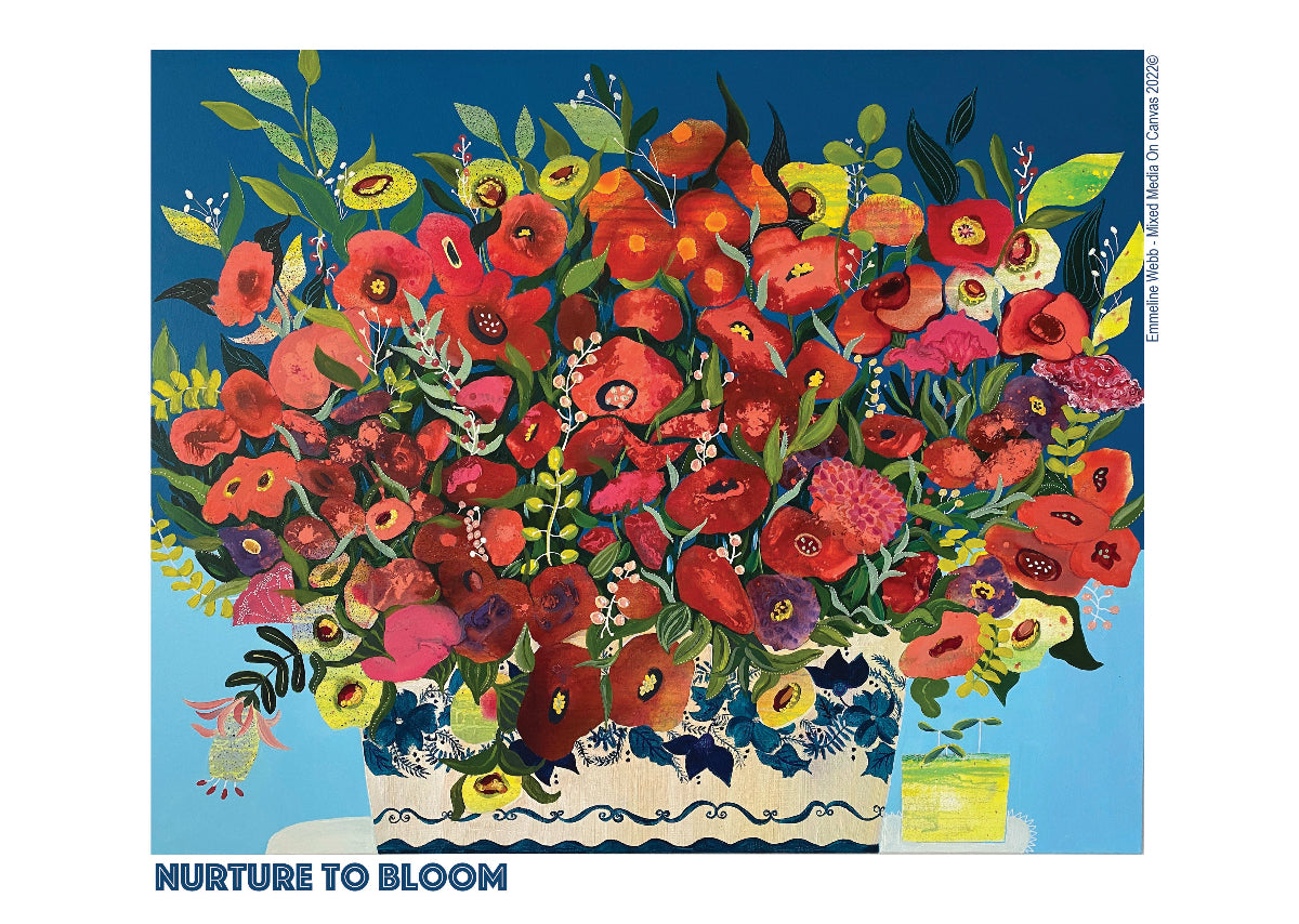 A colourful floral art print featuring a dense bouquet of red, pink, yellow, and orange flowers with green leaves against a blue background, with the text 'NURTURE TO BLOOM' at the bottom.