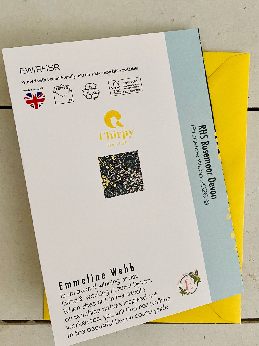 An art print package insert for 'Emmeline Webb RNS Rosemont Devon' by 'Chirpy Design', displayed on a light surface with a yellow envelope behind it.